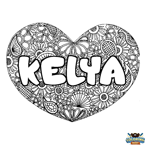 Coloring page first name KELYA - Heart mandala background