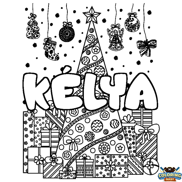 Coloring page first name K&Eacute;LYA - Christmas tree and presents background