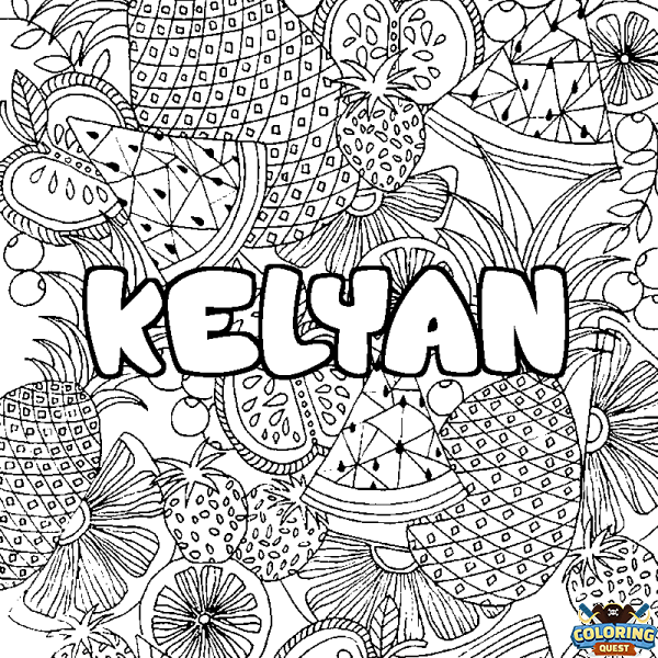 Coloring page first name KELYAN - Fruits mandala background
