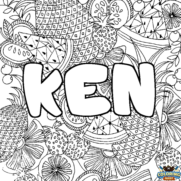 Coloring page first name KEN - Fruits mandala background