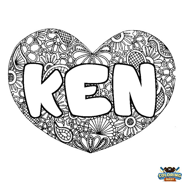 Coloring page first name KEN - Heart mandala background