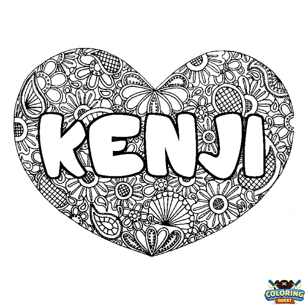 Coloring page first name KENJI - Heart mandala background