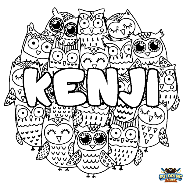 Coloring page first name KENJI - Owls background