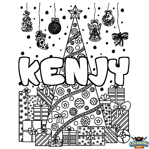 Coloring page first name KENJY - Christmas tree and presents background