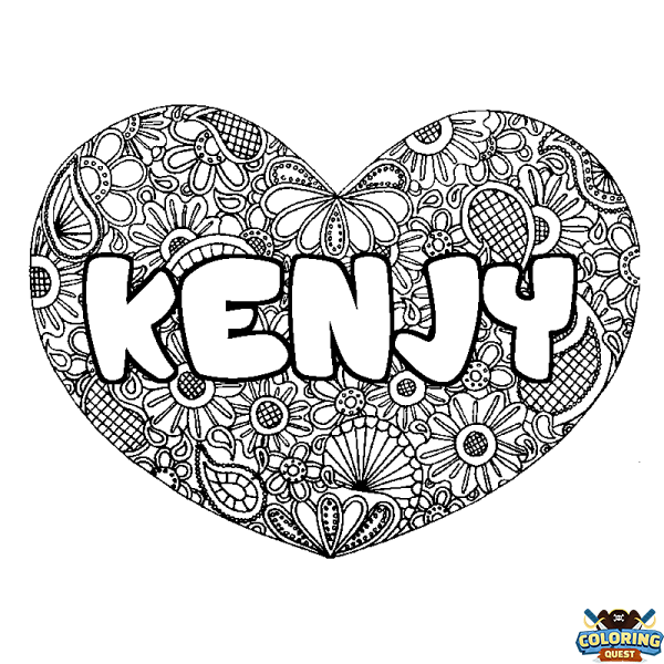 Coloring page first name KENJY - Heart mandala background