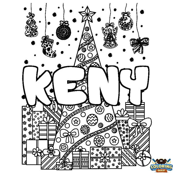 Coloring page first name KENY - Christmas tree and presents background