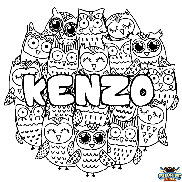 Coloring page first name KENZO - Owls background
