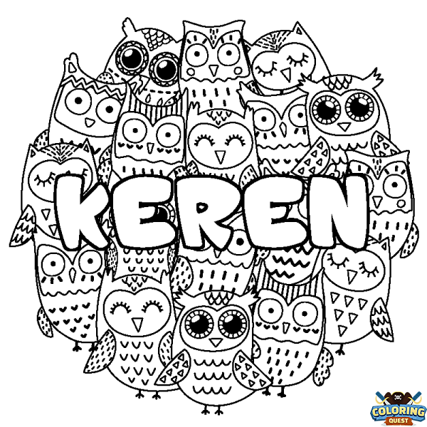 Coloring page first name KEREN - Owls background