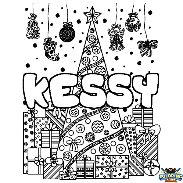 Coloring page first name KESSY - Christmas tree and presents background