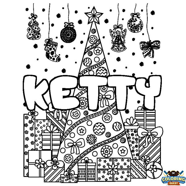 Coloring page first name KETTY - Christmas tree and presents background