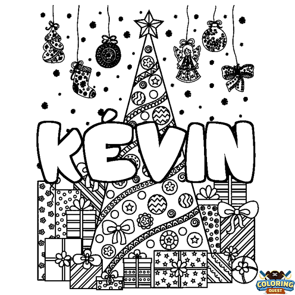 Coloring page first name K&Eacute;VIN - Christmas tree and presents background
