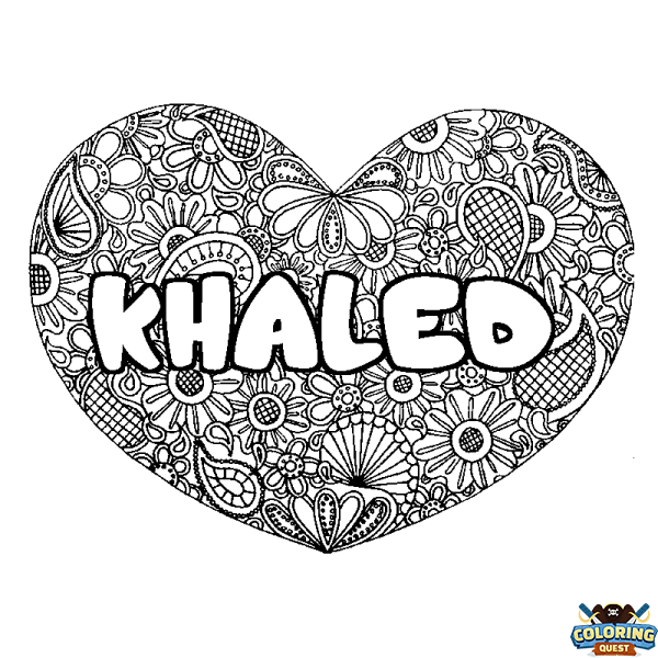 Coloring page first name KHALED - Heart mandala background