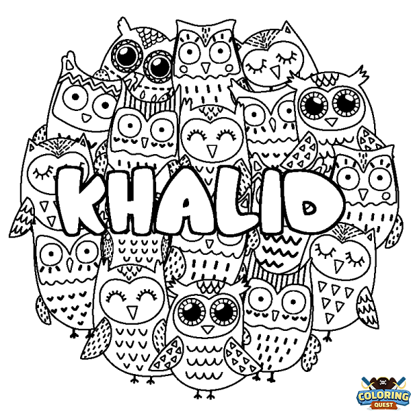 Coloring page first name KHALID - Owls background