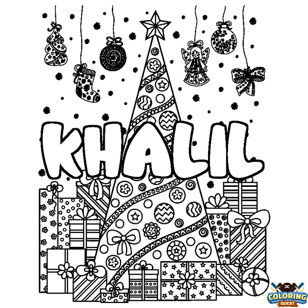 Coloring page first name KHALIL - Christmas tree and presents background