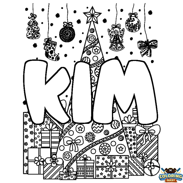 Coloring page first name KIM - Christmas tree and presents background