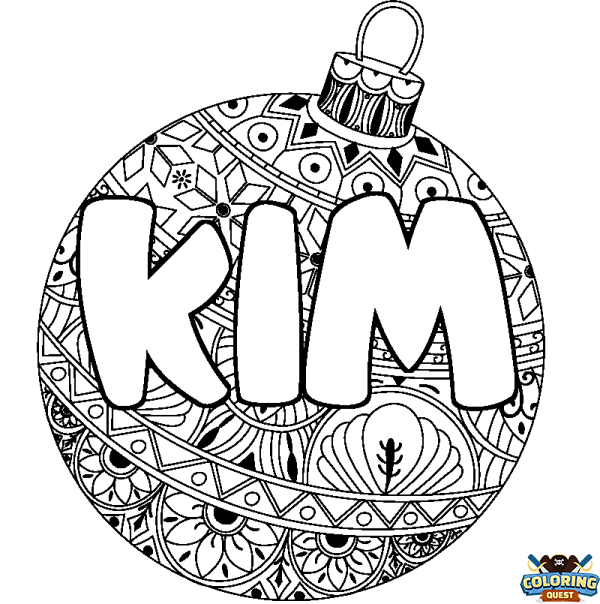 Coloring page first name KIM - Christmas tree bulb background