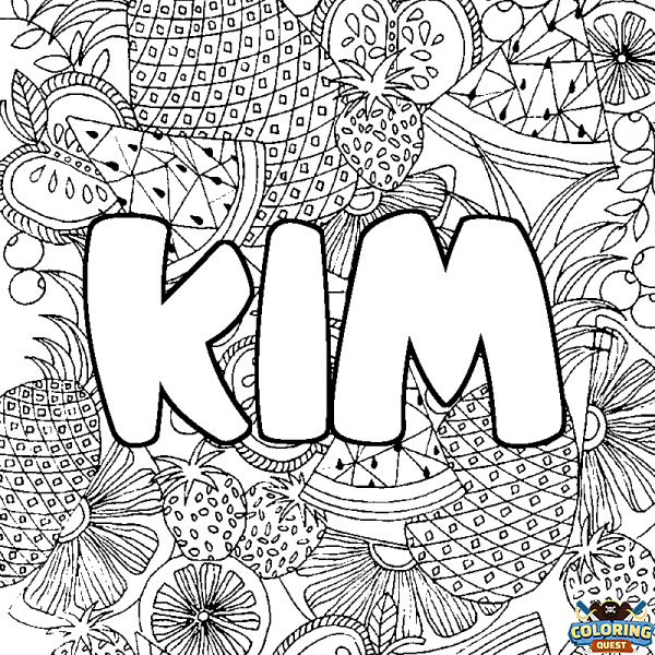 Coloring page first name KIM - Fruits mandala background