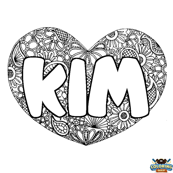 Coloring page first name KIM - Heart mandala background