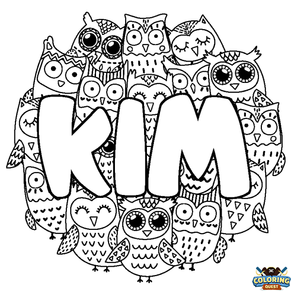 Coloring page first name KIM - Owls background