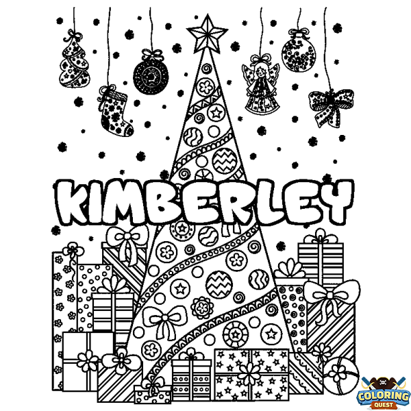 Coloring page first name KIMBERLEY - Christmas tree and presents background