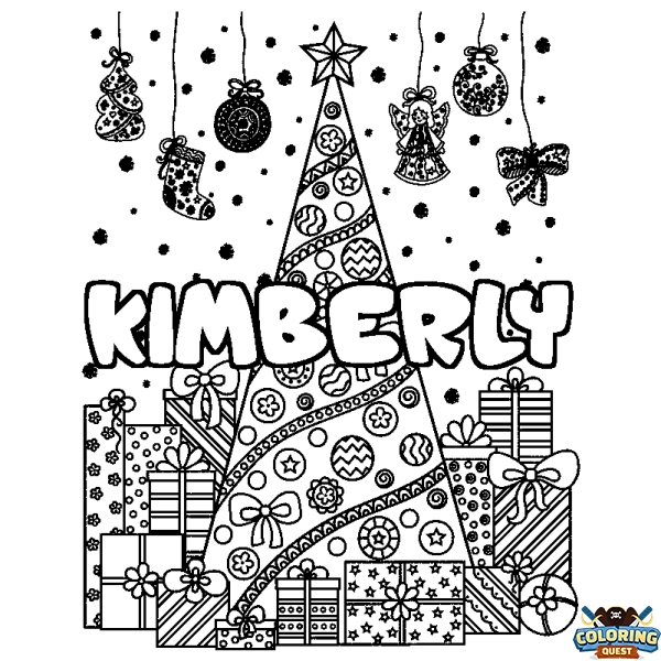 Coloring page first name KIMBERLY - Christmas tree and presents background