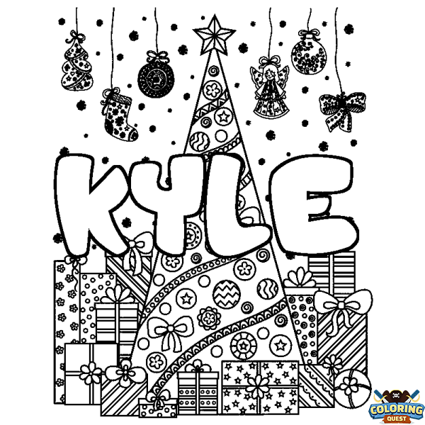 Coloring page first name KYLE - Christmas tree and presents background