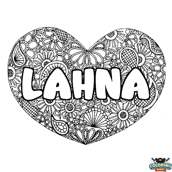 Coloring page first name LAHNA - Heart mandala background