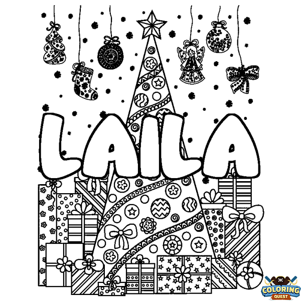 Coloring page first name LAILA - Christmas tree and presents background