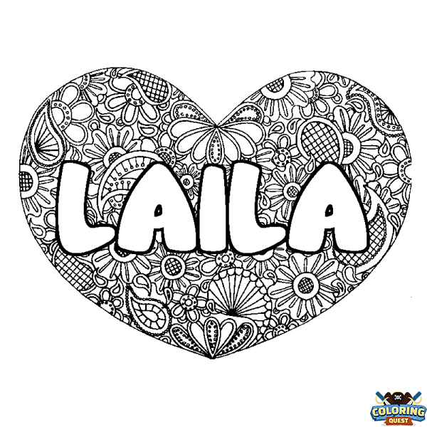 Coloring page first name LAILA - Heart mandala background