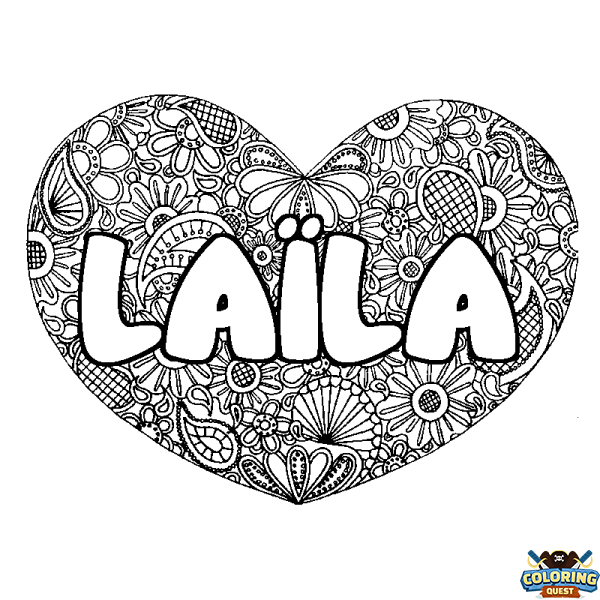 Coloring page first name LA&Iuml;LA - Heart mandala background