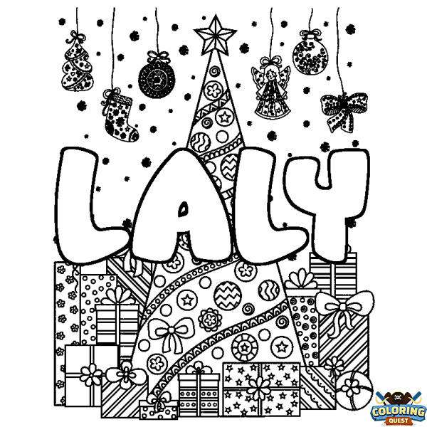 Coloring page first name LALY - Christmas tree and presents background
