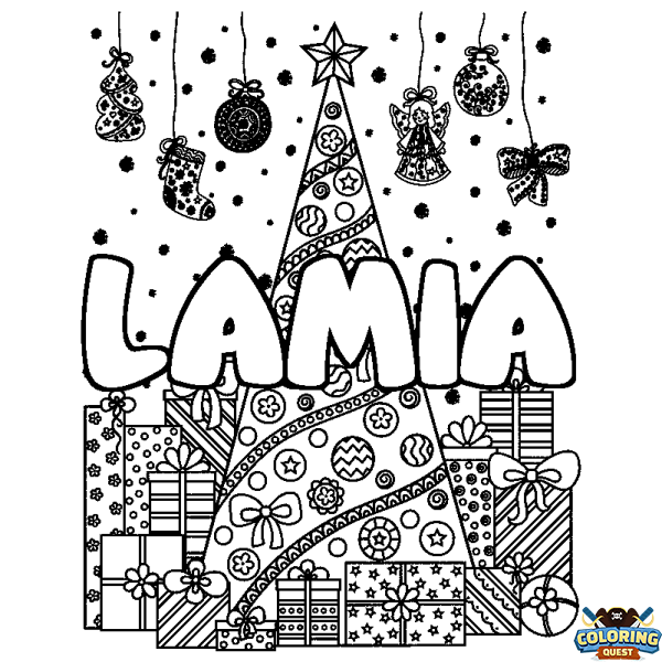 Coloring page first name LAMIA - Christmas tree and presents background