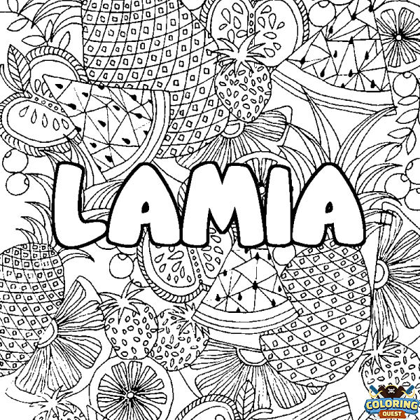 Coloring page first name LAMIA - Fruits mandala background