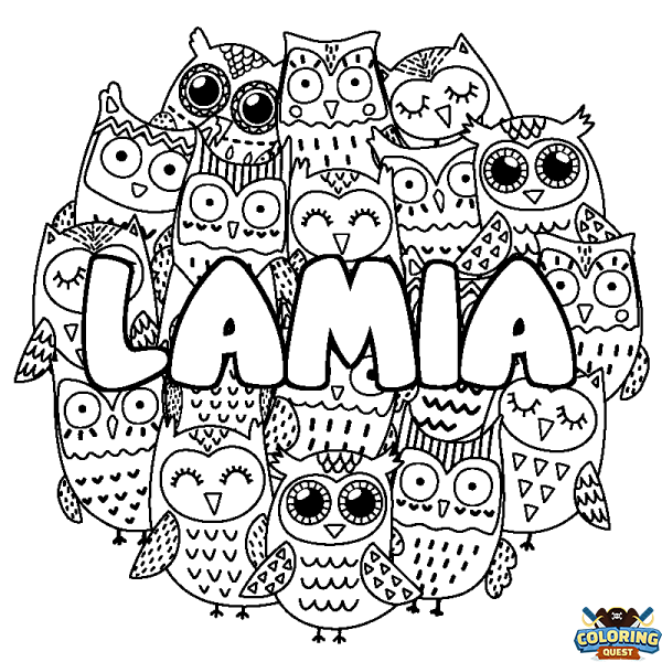 Coloring page first name LAMIA - Owls background