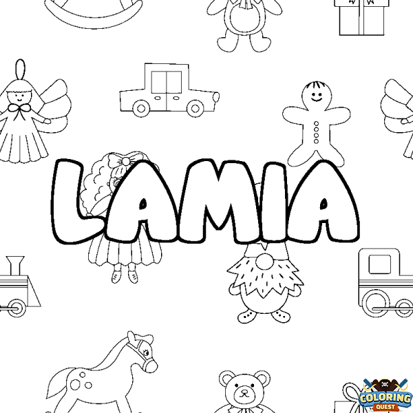 Coloring page first name LAMIA - Toys background