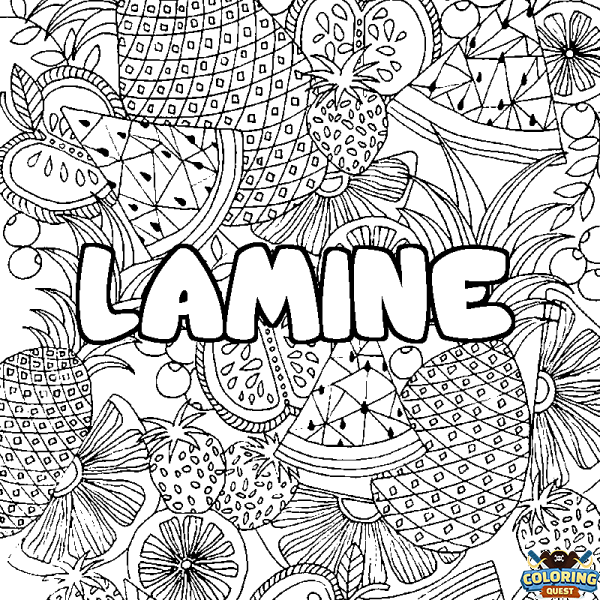 Coloring page first name LAMINE - Fruits mandala background