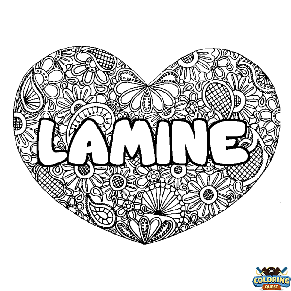 Coloring page first name LAMINE - Heart mandala background