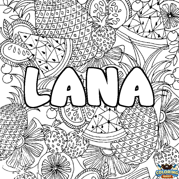 Coloring page first name LANA - Fruits mandala background