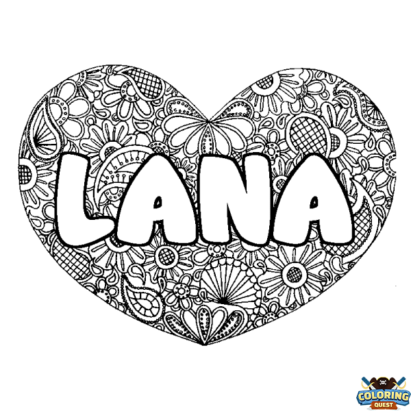 Coloring page first name LANA - Heart mandala background