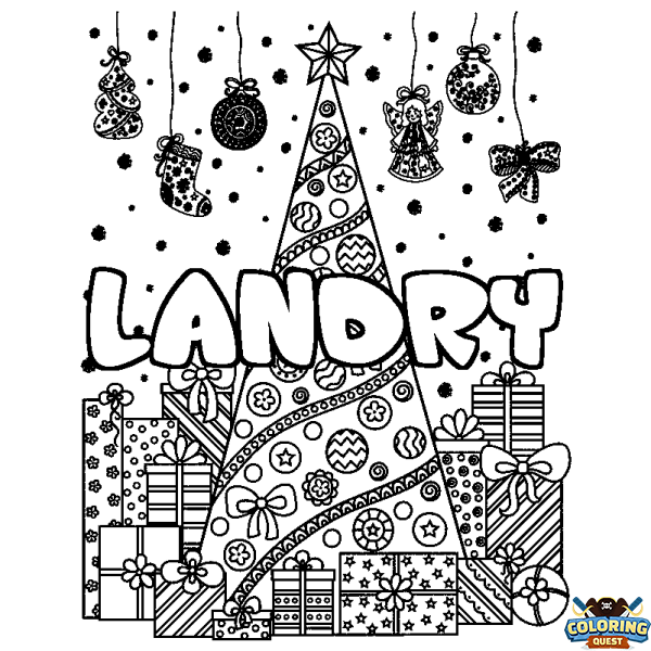 Coloring page first name LANDRY - Christmas tree and presents background