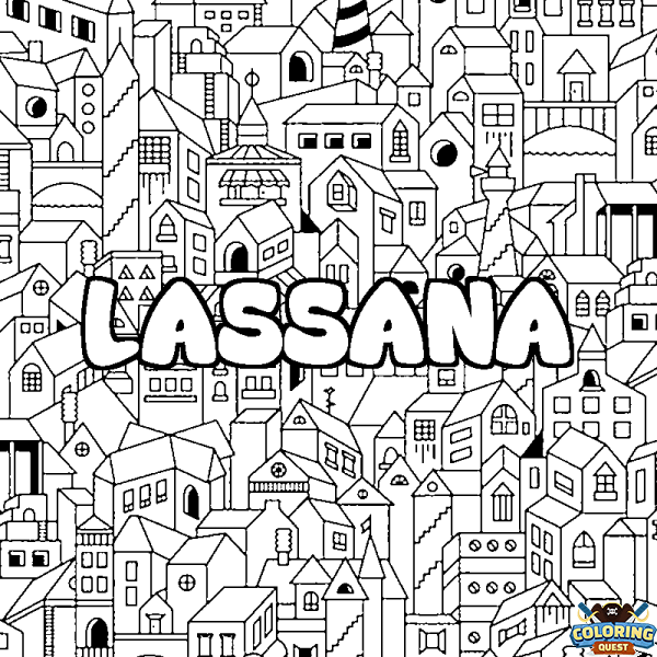 Coloring page first name LASSANA - City background