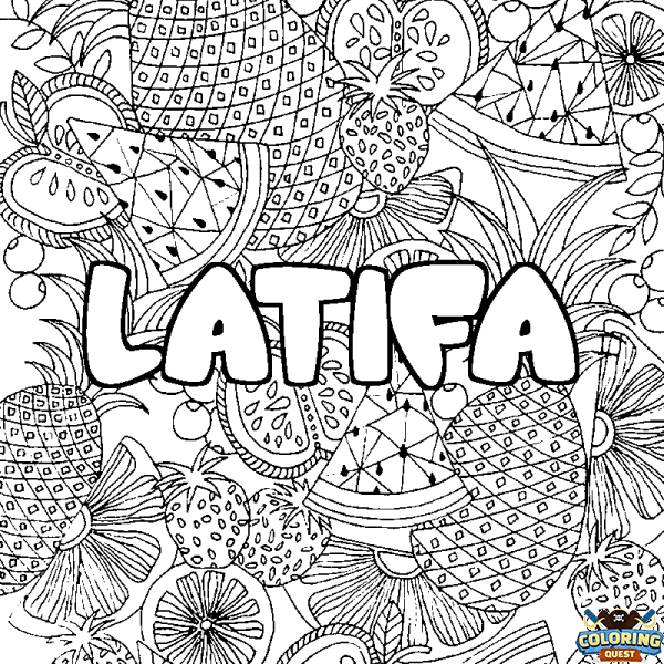 Coloring page first name LATIFA - Fruits mandala background