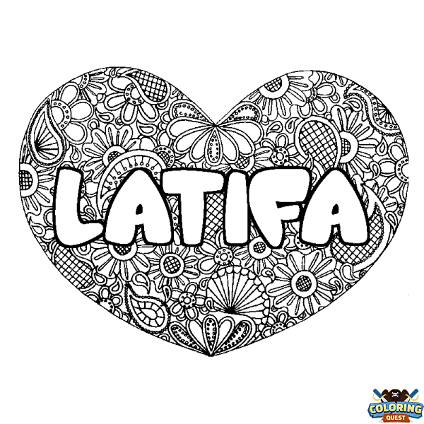 Coloring page first name LATIFA - Heart mandala background