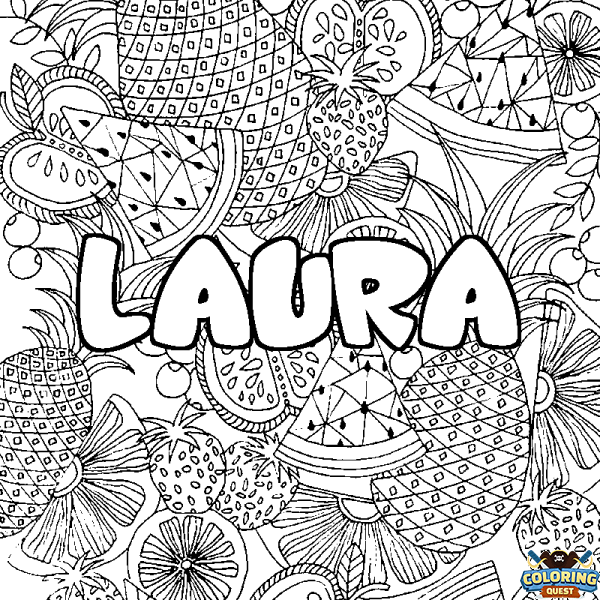 Coloring page first name LAURA - Fruits mandala background