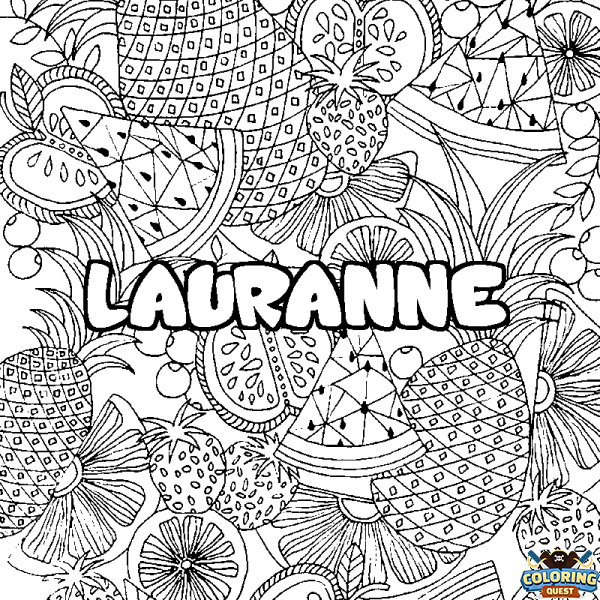 Coloring page first name LAURANNE - Fruits mandala background