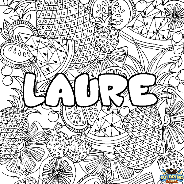Coloring page first name LAURE - Fruits mandala background