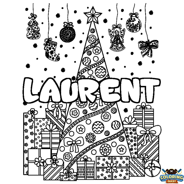 Coloring page first name LAURENT - Christmas tree and presents background