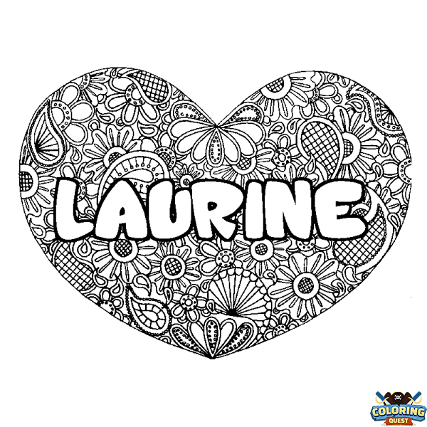 Coloring page first name LAURINE - Heart mandala background