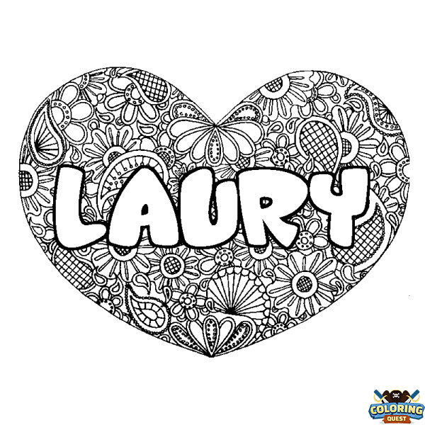 Coloring page first name LAURY - Heart mandala background