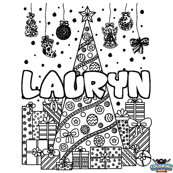 Coloring page first name LAURYN - Christmas tree and presents background
